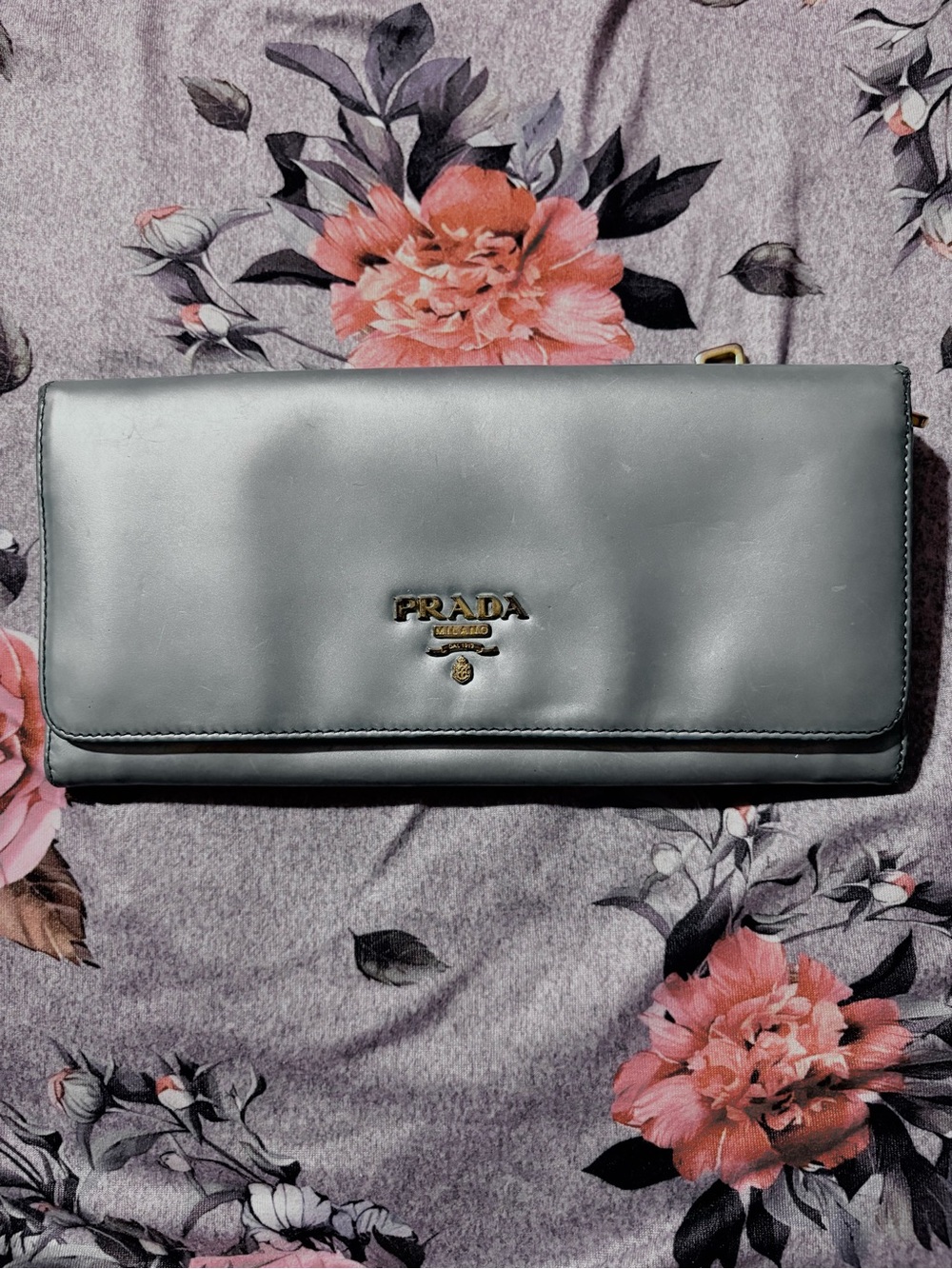 Prada Satin Clutch in Pale Blue with Gold Logo